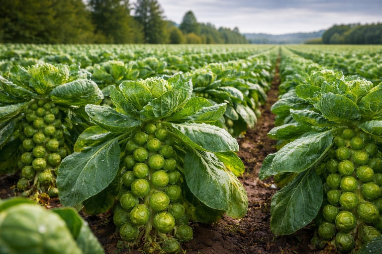 Plantação de couve-de-bruxelas em campo.