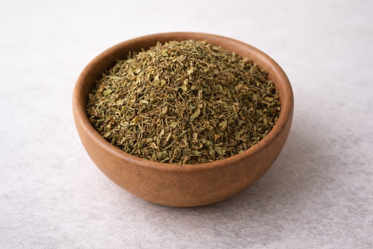 Tigela de madeira com ervas secas trituradas sobre fundo claro.
