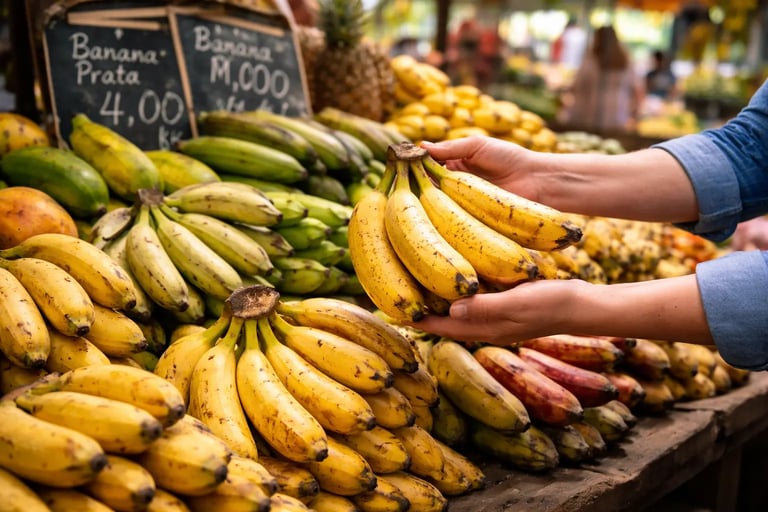 Pessoa escolhendo bananas maduras na feira ao ar livre