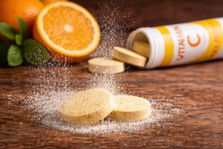 Comprimidos efervescentes de vitamina C se dissolvendo sobre uma superfície de madeira, ao lado de l