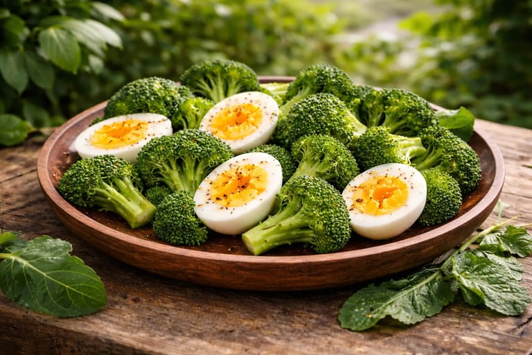 **Prato rústico de madeira com brócolis no vapor e ovos cozidos com gema macia, dispostos de forma c