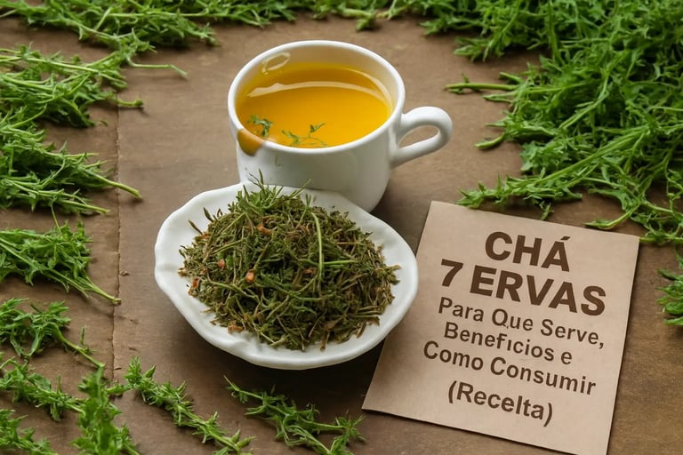 Xícara de chá 7 ervas amarelo ao lado de ervas secas e guia de benefícios e receitas.