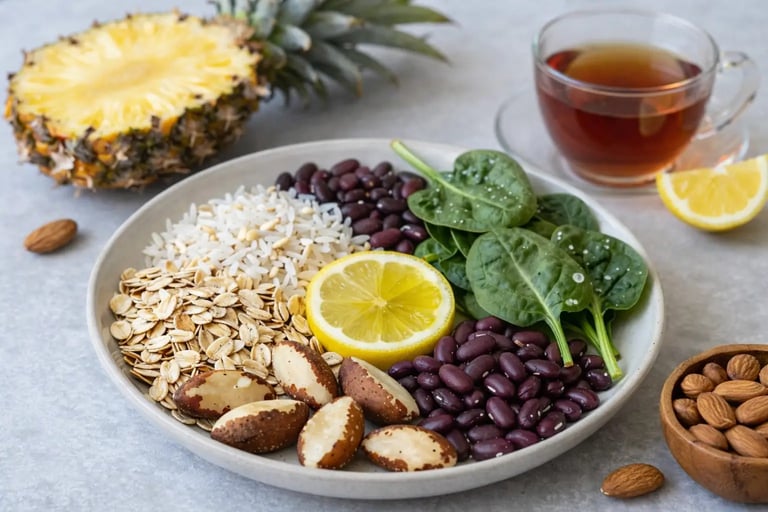 Uma tigela vegana saudável com feijão preto, espinafre, aveia, arroz e castanha-do-pará, servida 