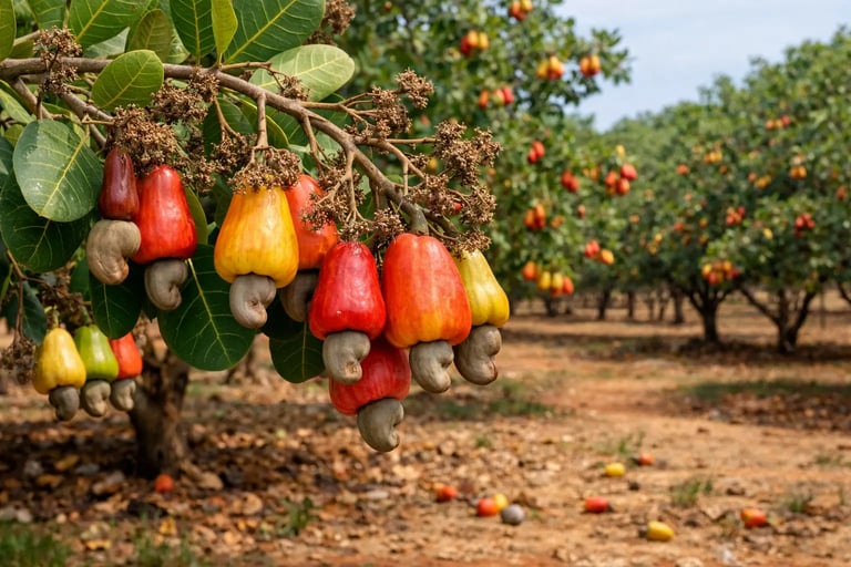 Maçãs de caju maduras e castanhas pendendo de um galho em um pomar ensolarado de cajueiros.