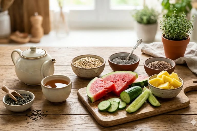 Café da manhã saudável com melancia, pepino, abacaxi, aveia, sementes de chia e chá  sobre mesa