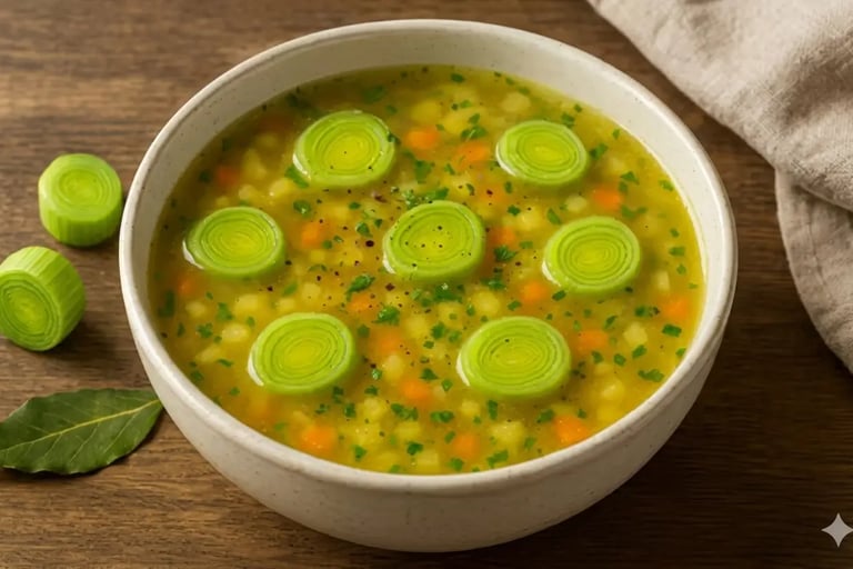 Uma tigela de sopa saudável de alho-poró, guarnecida com rodelas frescas de alho-poró e ervas, sobre