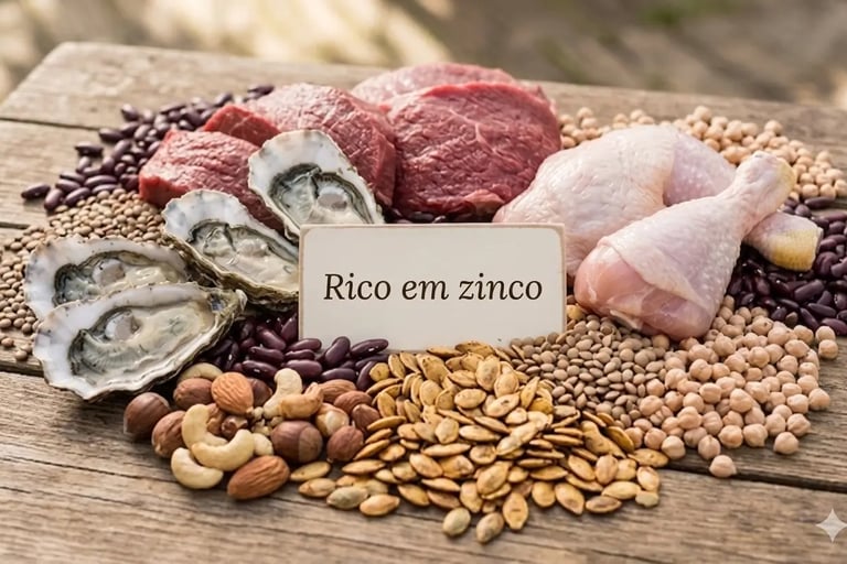 Variedade de alimentos ricos em zinco, incluindo ostras, carne vermelha, frango, sementes e oleagino