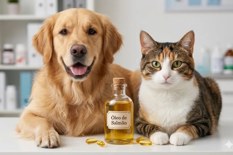 Um cão e um gato sentados atrás de um frasco de óleo de salmão.
