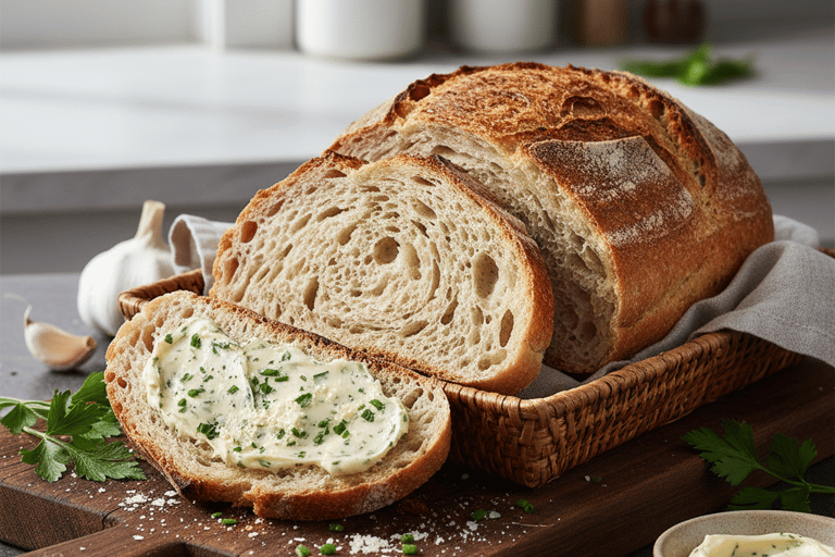 Pão francês fatiado sobre tábua de madeira com manteiga de alho