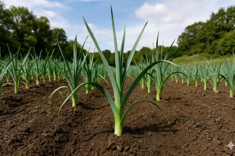 Alhos-porós verdes frescos crescendo em fileiras de solo escuro em uma horta sustentável.