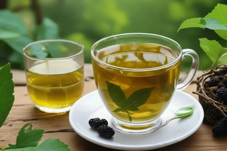 Chá orgânico fresco de folha de amora servido em uma xícara de vidro sobre uma mesa rústica de madei