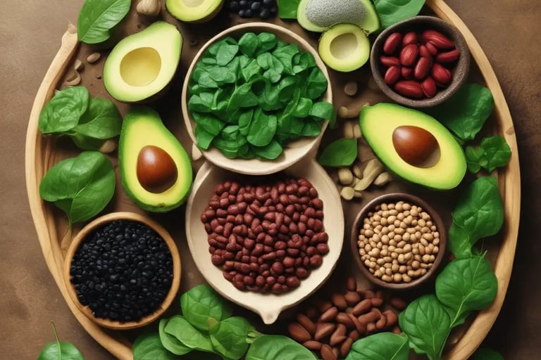 Bandeja de madeira com superalimentos saudáveis ricos em magnésio, incluindo abacates frescos, folha