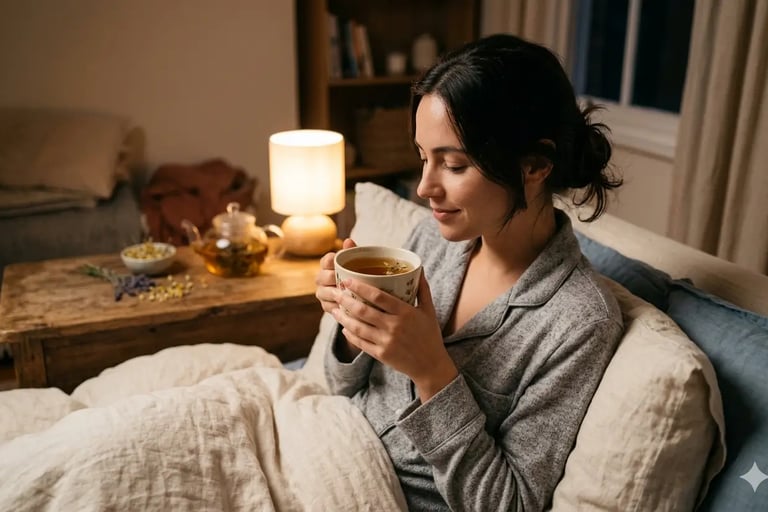 Uma mulher de pijama senta-se na cama tomando uma xícara de chá de ervas relaxante para uma rotina