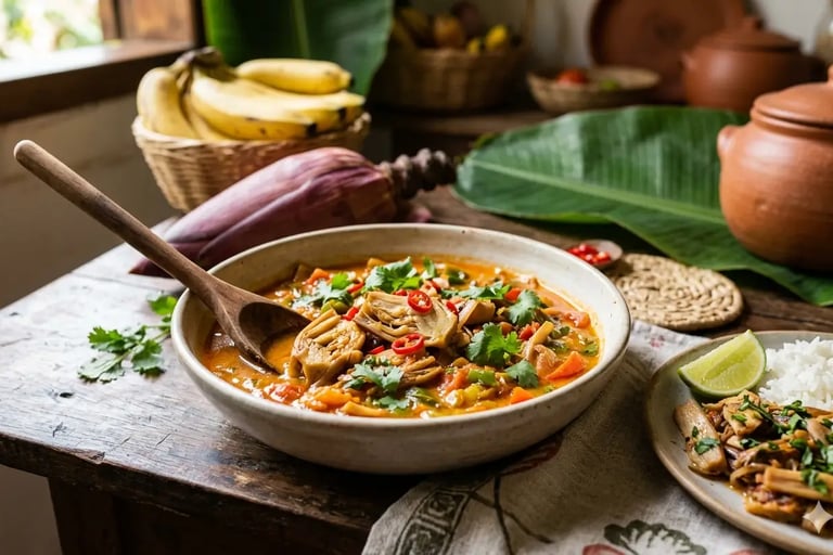 Uma tigela de curry tradicional de flor de banana servida com arroz e ingredientes tropicais
