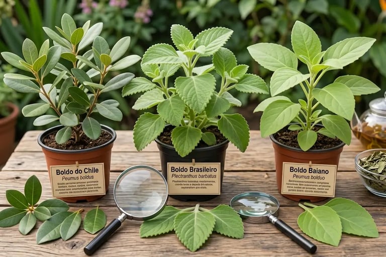 Plantas medicinais de boldo do Chile, brasileiro e baiano em vasos sobre uma mesa de madeira