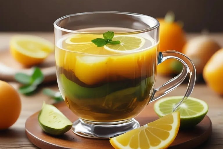 Caldo de pé de galinha rico em colágeno servido em xícara de cerâmica sobre mesa de madeira, com erv