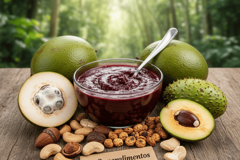  Creme de açaí em tigela, cercado por frutas brasileiras e oleaginosas, com placa escrita “5 superal