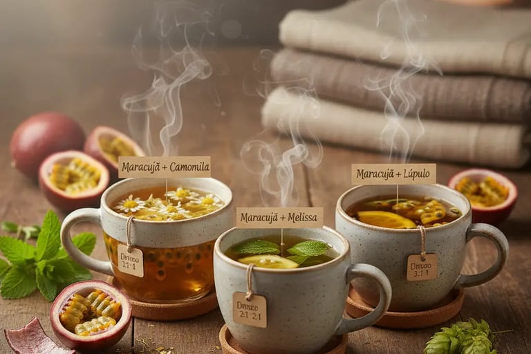 Chá de maracujá fumegante mistura-se com camomila, erva-cidreira (melissa) e lúpulo em canecas de ce