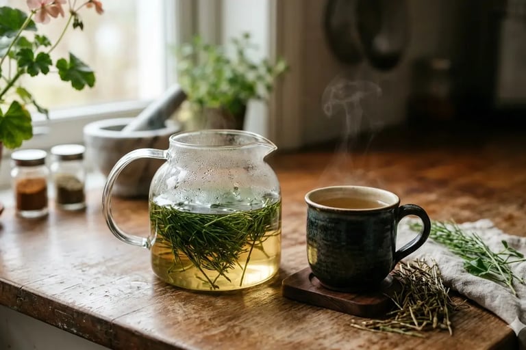 Chá de cavalinha sendo preparado em bule de vidro e xícara de cerâmica com alecrim sobre mesa 