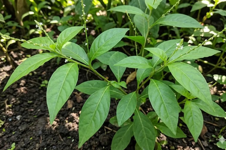 Planta guiné de verde vibrante, com folhas longas e pequenas flores brancas, crescendo em solo escur