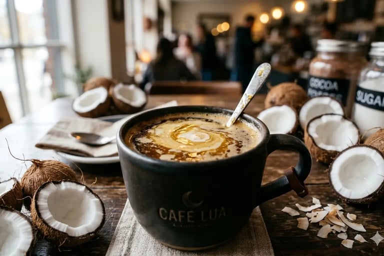 Óleo de coco quente, servido em uma caneca de cerâmica preta sobre uma mesa de madeira no Café.