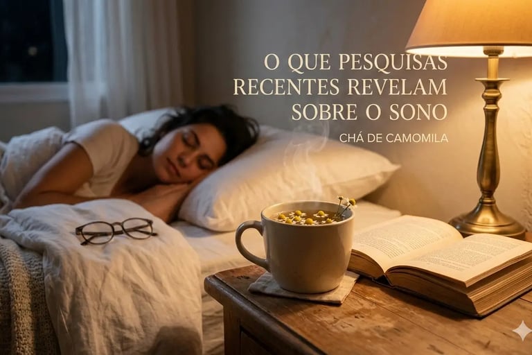 Mulher dormindo tranquilamente na cama, próxima a um criado-mudo com uma xícara de chá de camomila 