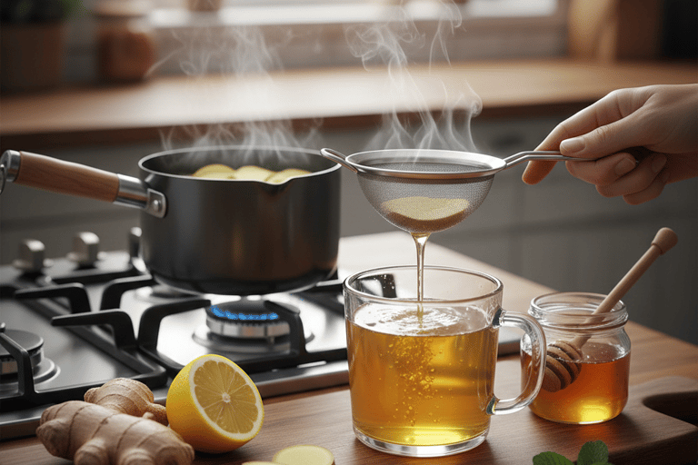 “Chá de gengibre sendo coado em uma caneca, com gengibre fresco, limão e mel sobre a bancada.”