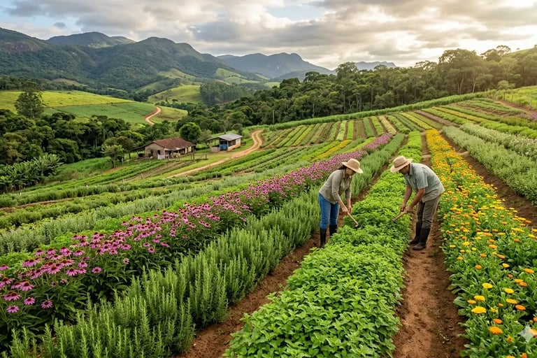 Agricultores cuidando de fileiras de plantas medicinais e flores orgânicas em uma fazenda sustentáve