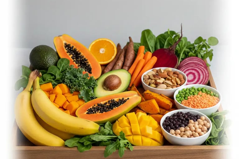 Uma bandeja de madeira cheia de alimentos saudáveis e coloridos, ricos em potássio, incluindo mamão,