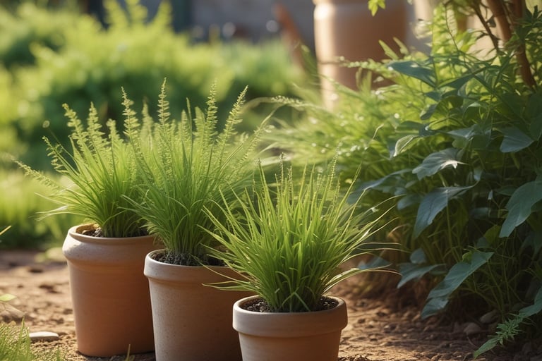 Capim-guiné em vasos de barro em jardim natural, com folhas verdes e luz do sol