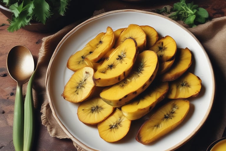 Fatias de banana-da-terra cozida servidas em prato rústico, com polpa dourada e textura macia