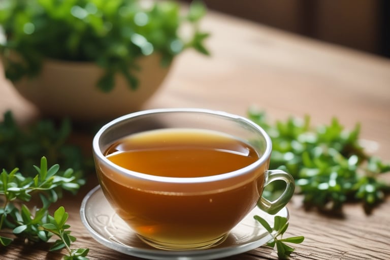 Xícara de vidro transparente com chá de arruda quente sobre mesa de madeira,