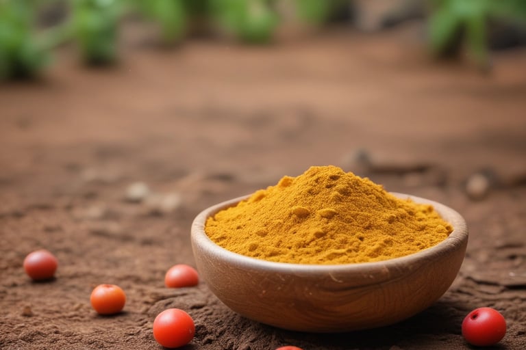 Uma tigela de madeira com cúrcuma orgânica em pó sobre o solo, acompanhada de frutas vermelhas fresc