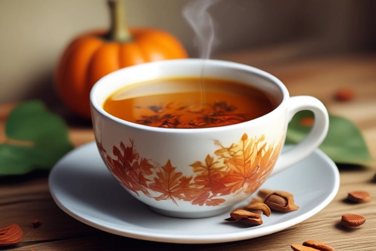 Xícara de chá de abóbora quente sobre mesa de madeira, com vapor subindo, abóbora ao fundo desfocada