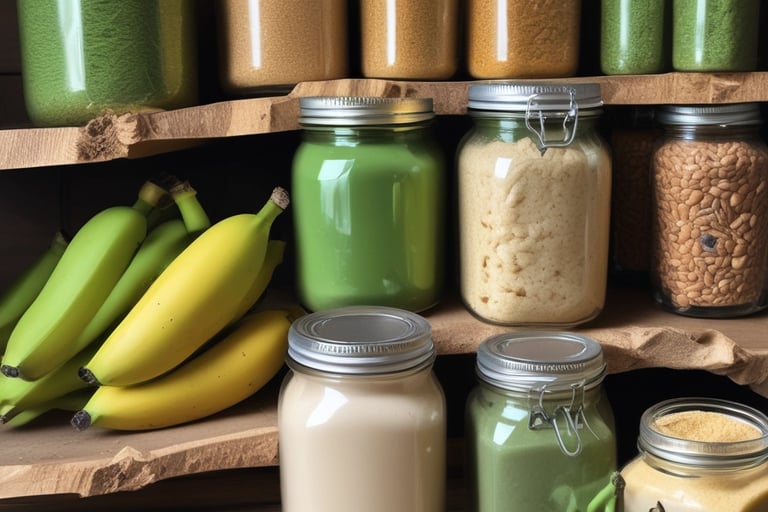 Potes de vidro com farinha e pós naturais ao lado de bananas verdes em prateleira de madeira rústica