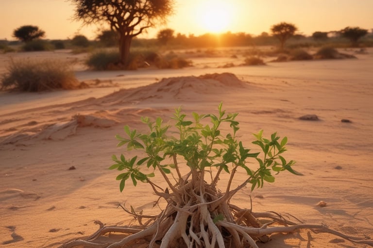 planta crescendo a partir das raízes de uma árvore no deserto