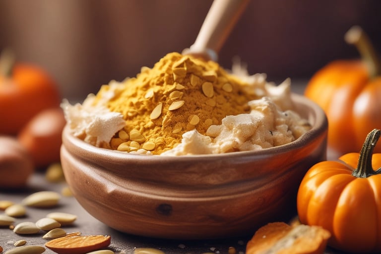 Farinha de abóbora caseira em tigela de cerâmica, com sementes de abóbora visíveis e abóboras ao fun