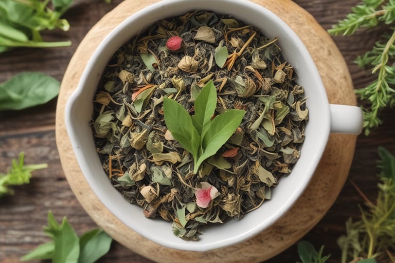 Vista de cima de uma tigela de cerâmica branca cheia de chá de ervas orgânico a granel e ervas verde