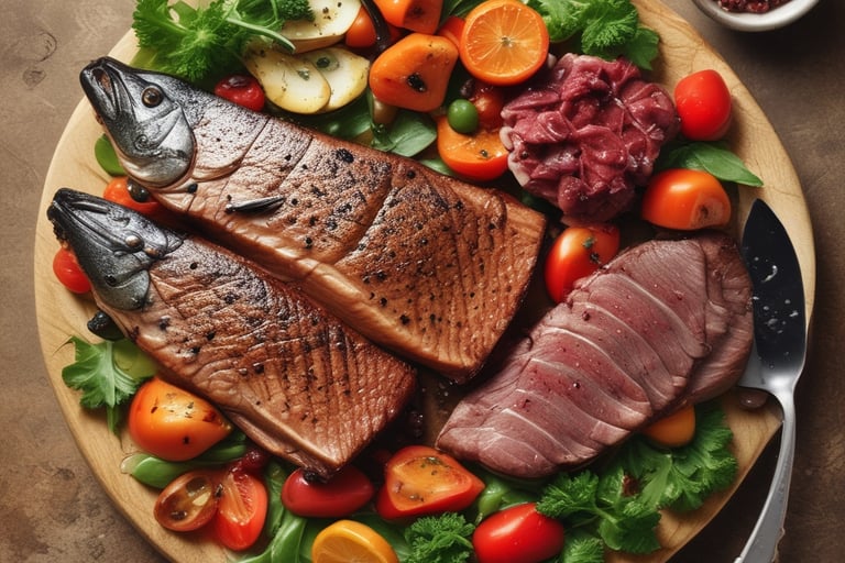 **Bandeja gourmet com filés de salmão grelhados, bife fatiado e legumes frescos sobre uma tábua de m