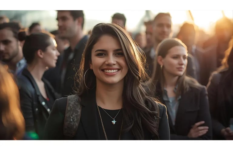 a woman in a black jacket and a man in a suit and tie