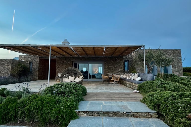 View of the house and terrace in typical cycladic stone-wall fashion.