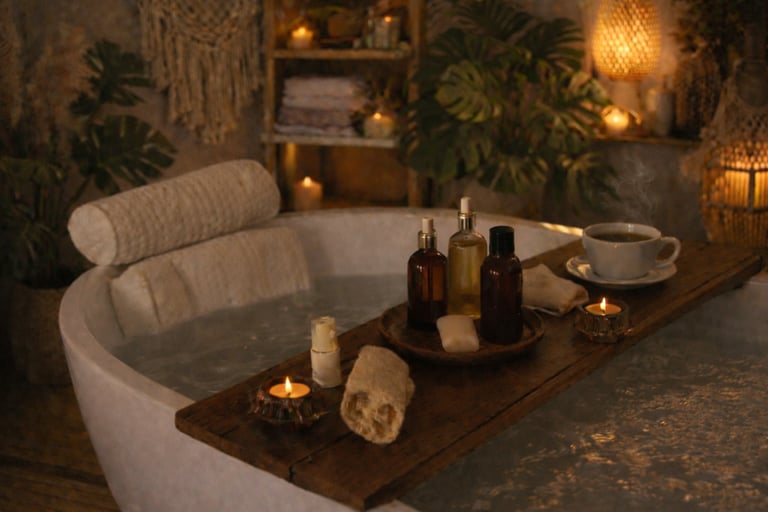 Self-care journal scene of a bathtub prepared with candles for a quiet evening at home