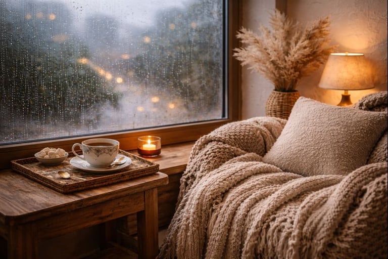 Self-care journal scene of a warm indoor space with a blanket and candle