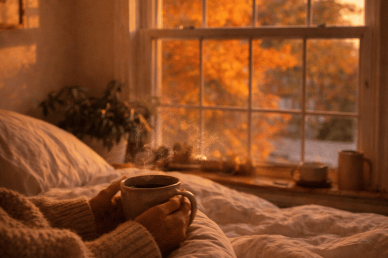 Slow living journal scene of autumn leaves in warm golden light