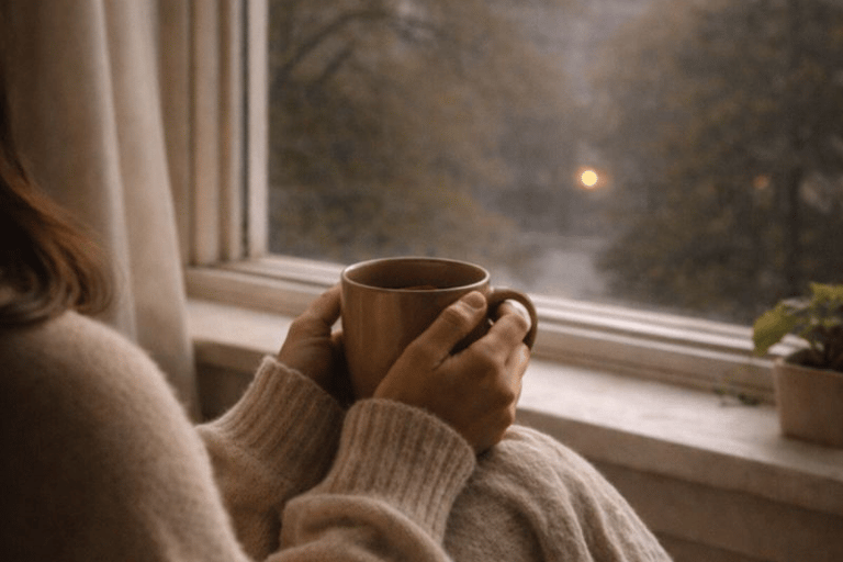 Home moments journal scene of a person holding a warm cup by a window indoors
