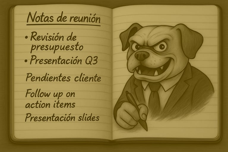 Ilustración de un cuaderno abierto. La página izquierda muestra 'Notas de reunión' con tareas corpor