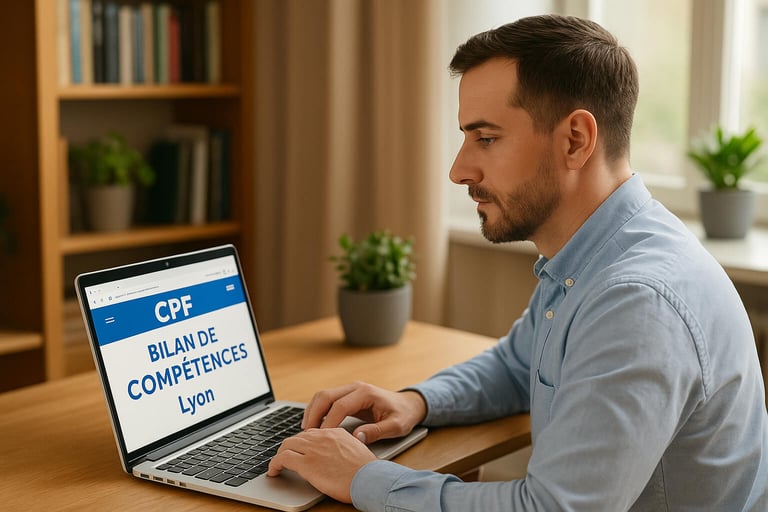 homme cherche sur ordinateur CPF Bilan de competences Lyon