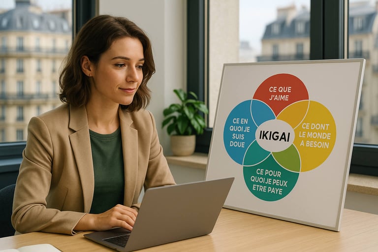 Femme construit un projet professionnel aligné avec son IKIGAI vu en bilan de compétences