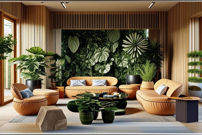 a living room with a couch and a plant