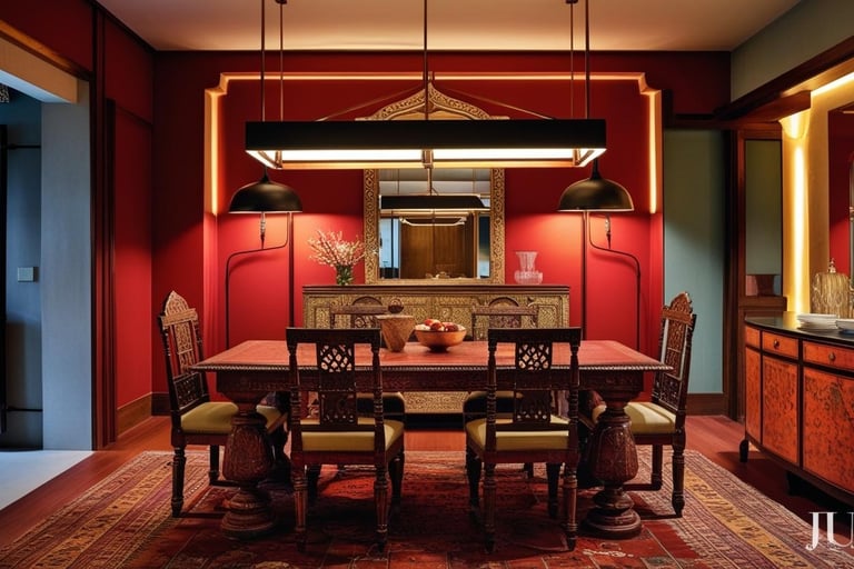 a dining room table with a table and chairs